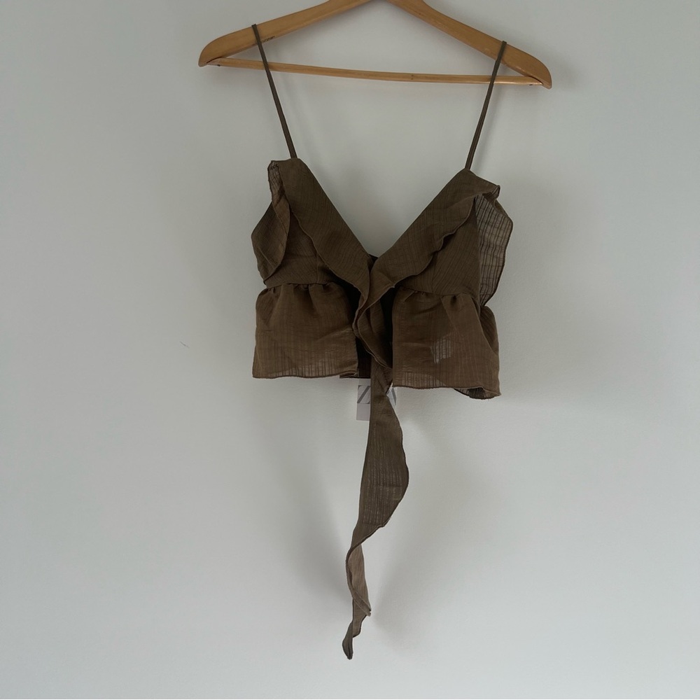 Zara Olive Green Ruffle Tie-Front Tank Top
